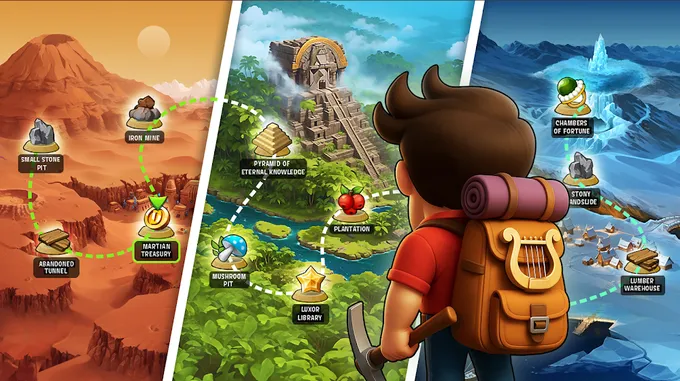 Στιγμιότυπο από το Diggy's Adventure με χάρτη περιοχών και τον εξερευνητή