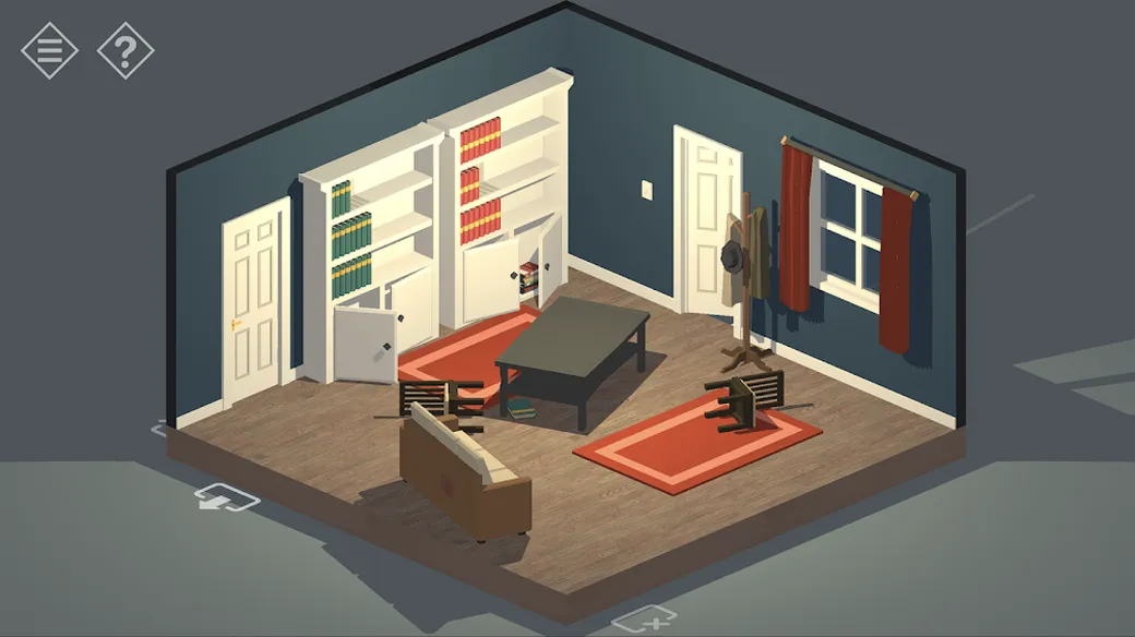 Στιγμιότυπο από το Tiny Room Stories: ένα ισομετρικό δωμάτιο με κόκκινο χαλί και έπιπλα