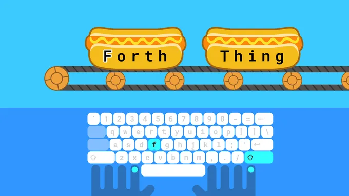 Στιγμιότυπο από το Typing Land με εικονικό πληκτρολόγιο και λέξεις σε βαγόνια